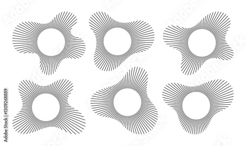 Abstract circular sound waves with dynamic line rays. Collection of different shape music burst. Minimal and futuristic design. Vector illustration