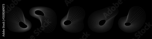 Abstract fluid waveforms with contour lines creating organic shapes. Collection of different shape circular wave. Minimal and futuristic design. Vector illustration