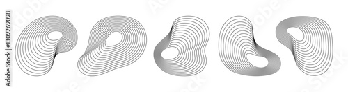 Abstract fluid waveforms with contour lines creating organic shapes. Collection of different shape circular wave. Minimal and futuristic design. Vector illustration