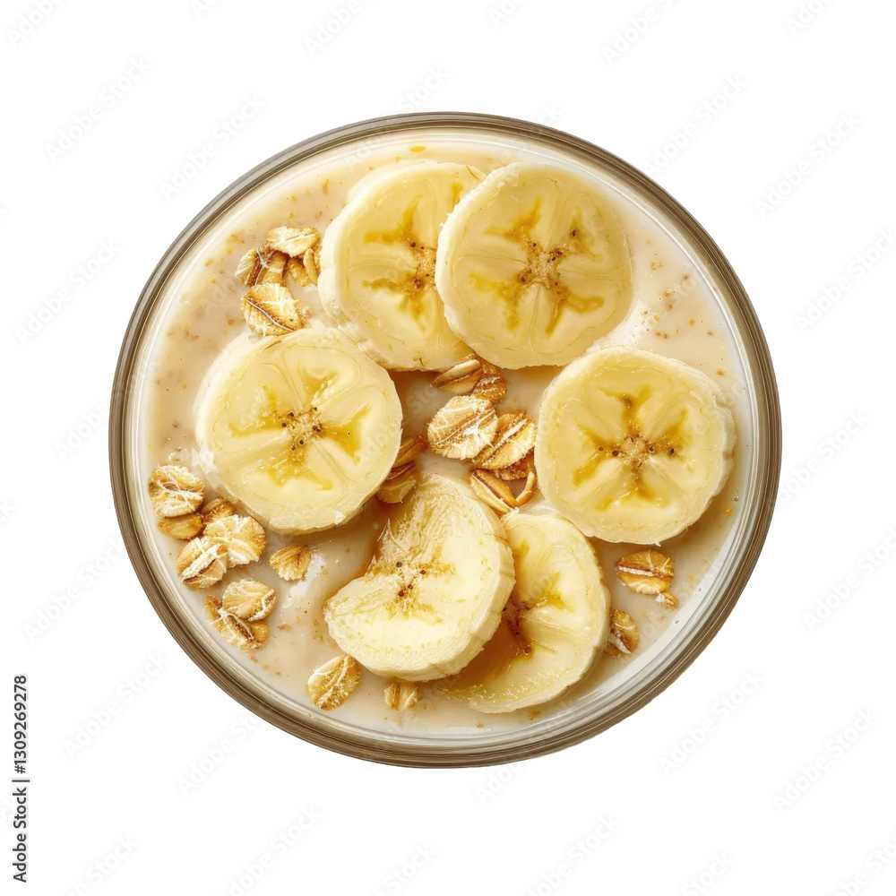 Delicious bowl of oatmeal topped with fresh banana slices and rolled oats prepared for a healthy breakfast or snack option at home Delicious bowl of oatmeal topped with fresh banana slices and rolled oats prepared for a healthy breakfast or snack option at home