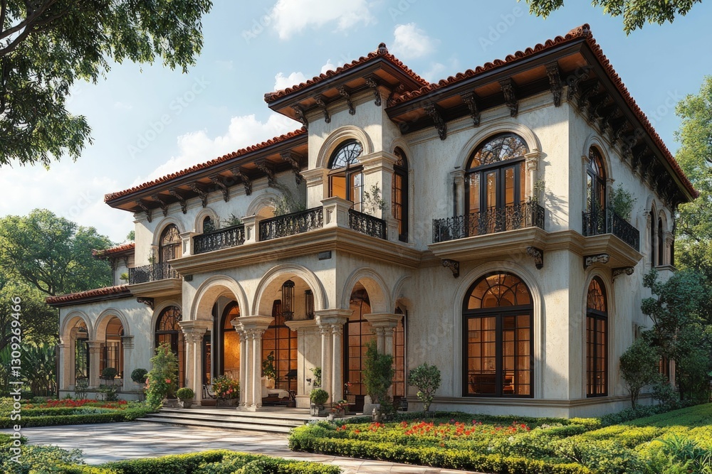 Mediterranean-style mansion, lush landscaping, sunny day. Mediterranean-style mansion, lush landscaping, sunny day.