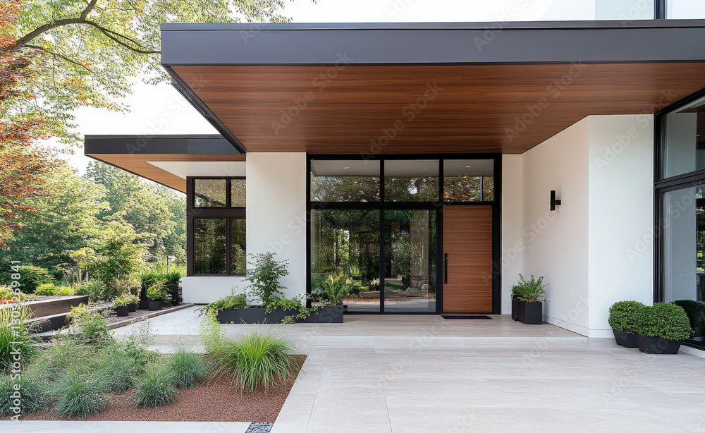 A contemporary house entrance with a sleek overhang, large glass windows, and a minimalist landscape design surrounded by greenery. A contemporary house entrance with a sleek overhang, large glass windows, and a minimalist landscape design surrounded by greenery.