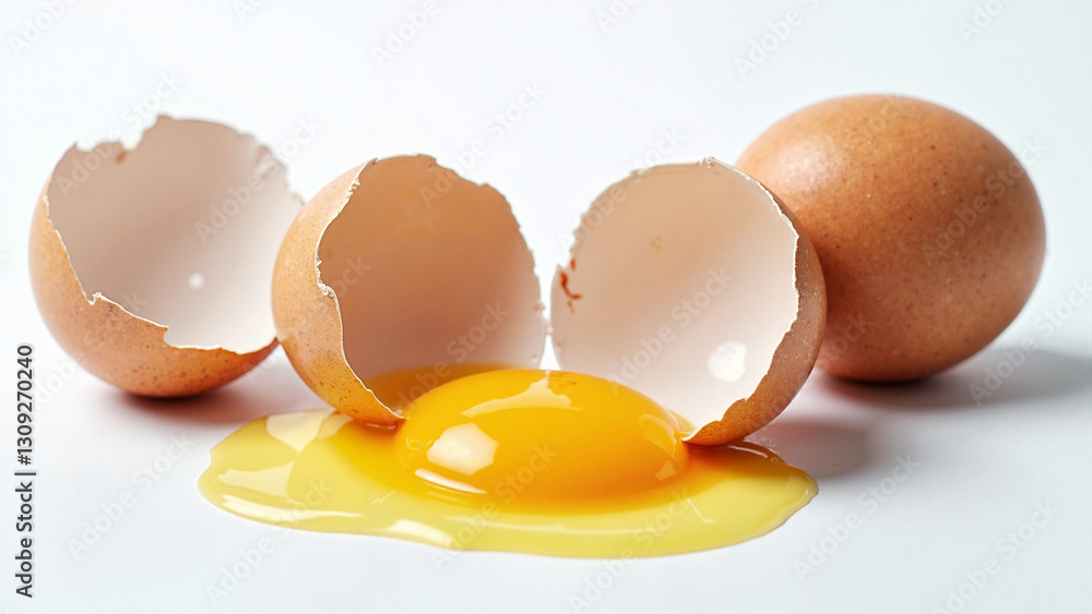 Fresh Broken Egg with Golden Yolk on White Background - Perfect for Culinary Blogs, Cookbooks, and Food Marketing Fresh Broken Egg with Golden Yolk on White Background - Perfect for Culinary Blogs, Cookbooks, and Food Marketing