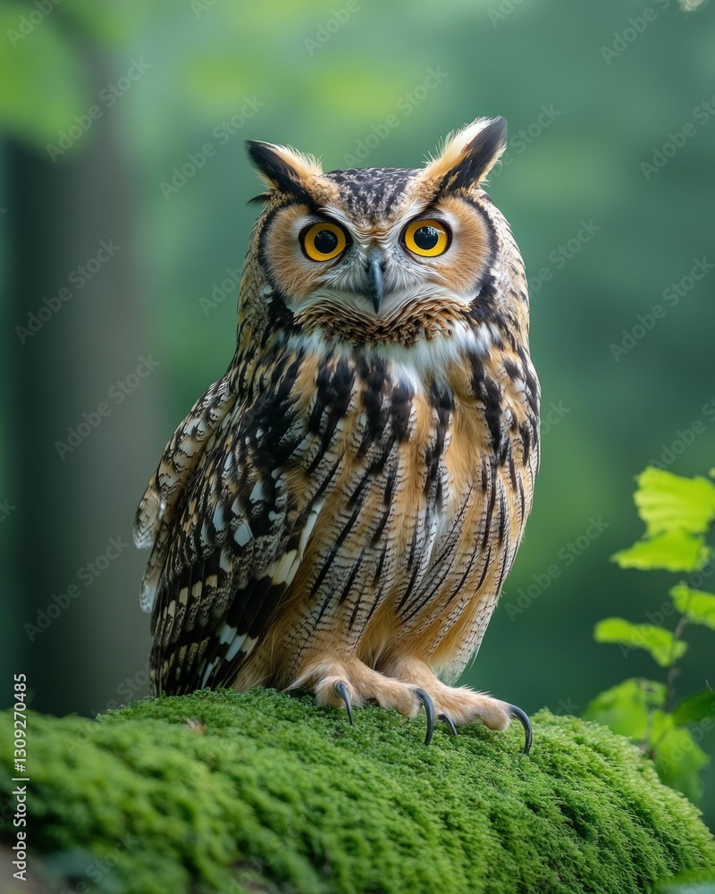 Majestic owl perched on mossy log, intense gaze. Majestic owl perched on mossy log, intense gaze.