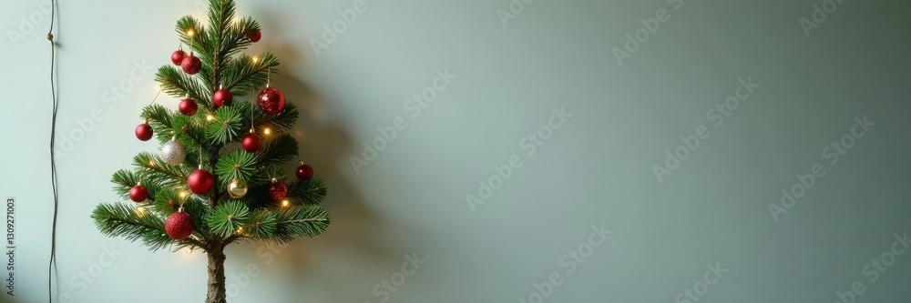 Decorated small Christmas tree branch hanging from a wall, wall hanging, evergreen branches Decorated small Christmas tree branch hanging from a wall, wall hanging, evergreen branches