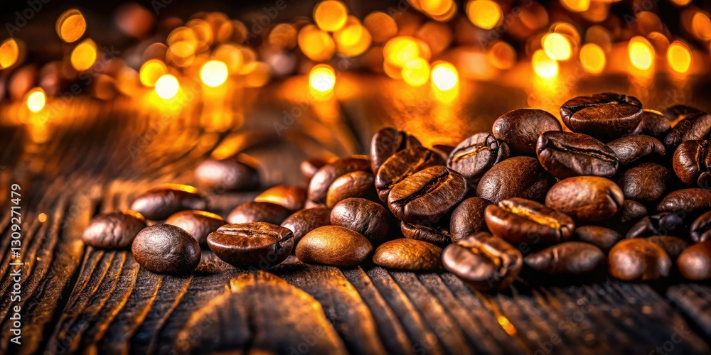 Roasted coffee beans, richly detailed, rest on dark oak wood planks at night. Roasted coffee beans, richly detailed, rest on dark oak wood planks at night.