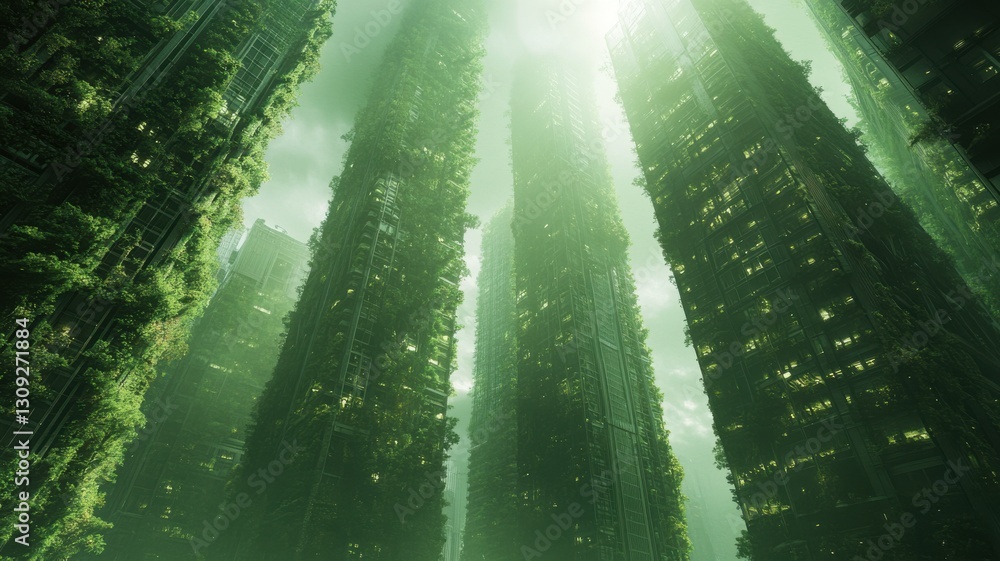 Fototapeta premium Futuristic urban landscape with greenery-covered skyscrapers under bright sky. 3D urban landscape
