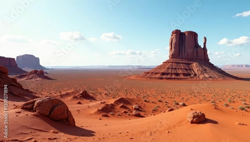 Desert landscape with a single rock formation, rocky terrain