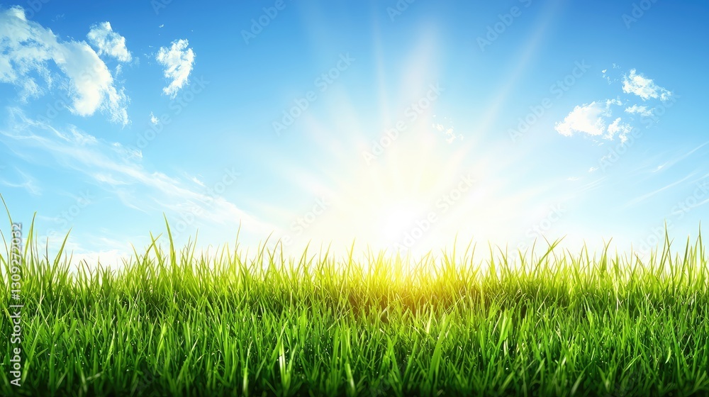 Sunny spring meadow, vibrant green grass, blue sky, sun rays. Ideal for nature, spring, or environmental themes Sunny spring meadow, vibrant green grass, blue sky, sun rays. Ideal for nature, spring, or environmental themes