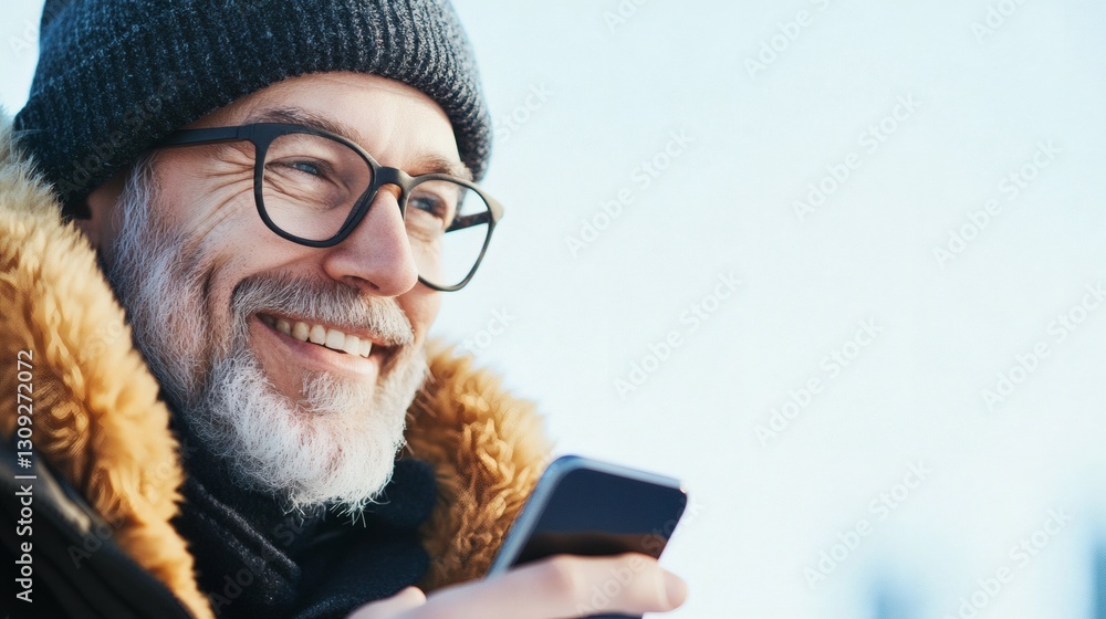 Smiling man wearing beanie and glasses checks smartphone during winter day outdoors Smiling man wearing beanie and glasses checks smartphone during winter day outdoors