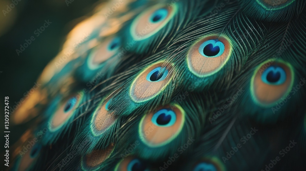 Obraz premium Vibrant blue-green peacock tail feathers unfurl with depth and dynamic movement against a rich, dark green backdrop, capturing nature's iridescence