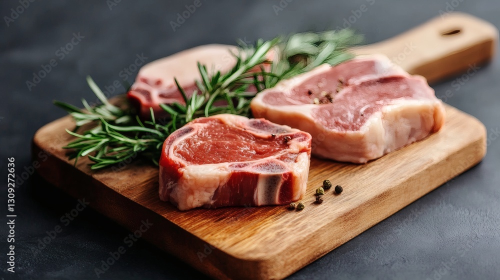 Fresh cuts of meat displayed on a wooden board with herbs for a culinary preparation Fresh cuts of meat displayed on a wooden board with herbs for a culinary preparation