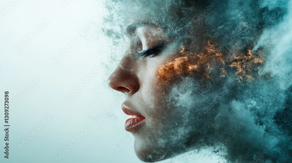 This striking image portrays a woman's profile, enveloped in ethereal smoke and light, capturing a blend of beauty, mystery, and surreal artistry. This striking image portrays a woman's profile, enveloped in ethereal smoke and light, capturing a blend of beauty, mystery, and surreal artistry.