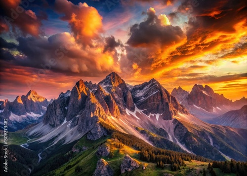 Serene mountain range bathed in sunset's warm glow; a long exposure reveals tranquil landscape majesty.