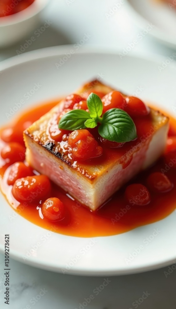 Thinly sliced meat with vibrant tomato sauce, on a pristine white plate, lunch, fresh, Italian Thinly sliced meat with vibrant tomato sauce, on a pristine white plate, lunch, fresh, Italian