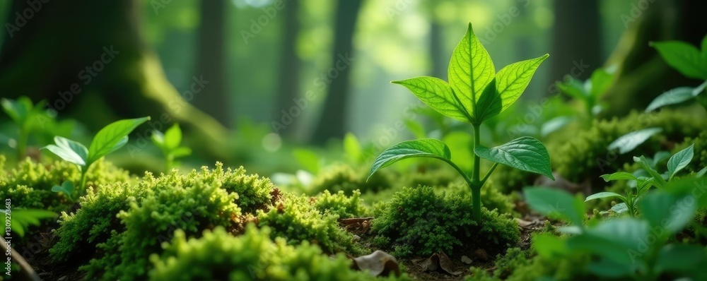 Fototapeta premium Green false hellebore growing in a shaded area with ferns and moss, nature, mossy terrain