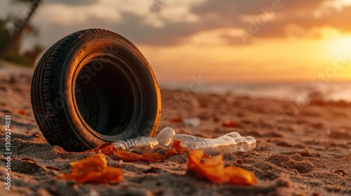 The sun sets over a beach littered with tires and plastic bottles, capturing the stark contrast between natural beauty and human impact on our environment.
