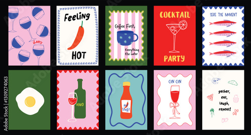 Vibrant hand-drawn dopamine art prints of food and drink illustrations with wavy frames and borders. Colorful funky cocktail coffee posters for home and kitchen decor, postcard, banners. 