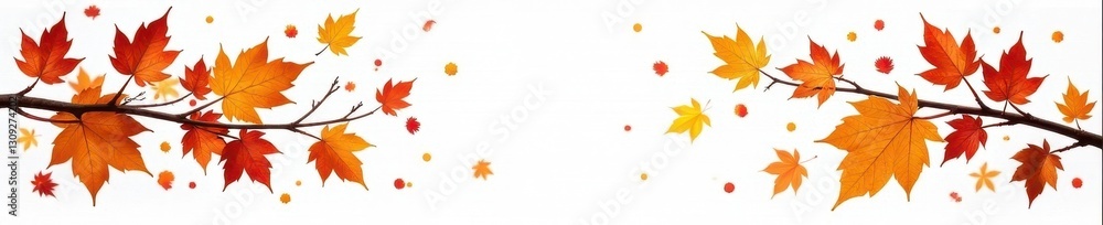 Vibrant autumn leaves on bare branches against a stark white background , studio, image, colorful Vibrant autumn leaves on bare branches against a stark white background , studio, image, colorful