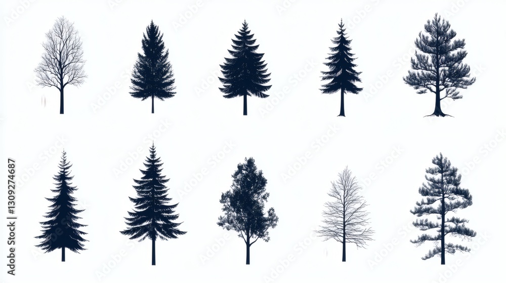Fototapeta premium Collection of different tree silhouettes showcasing various species in a minimalist design on a light background