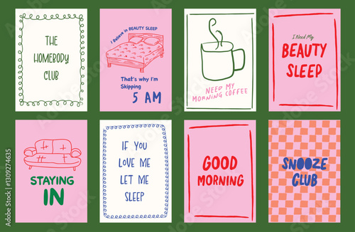 The Homebody Club Poster collection of minimalist illustrations featuring sleep, coffee, and self-care themes. Hand-drawn doodles, pastel tones, and witty typography Art print for home decor.