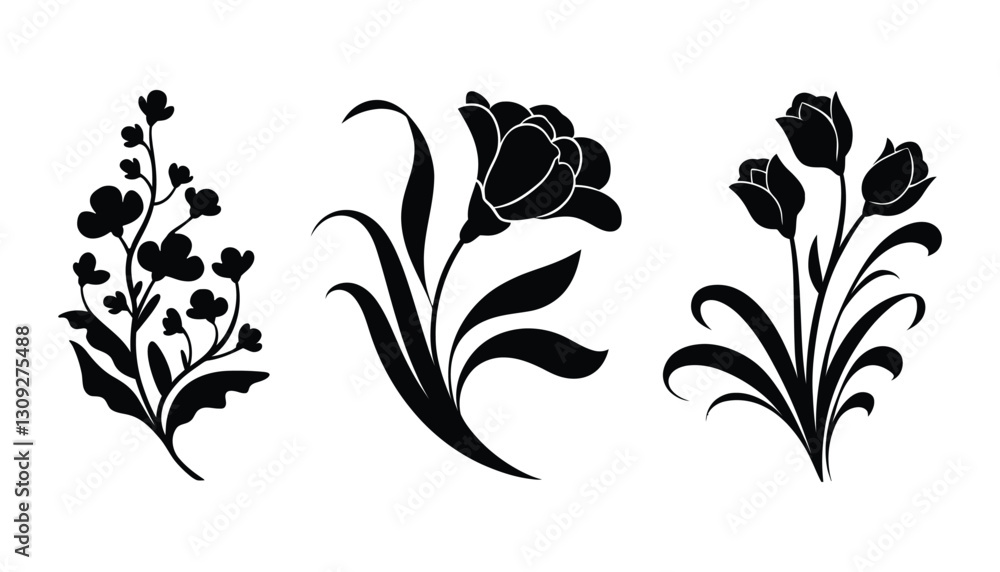 Floral Silhouette Vector Set. Elegant Flowers, Leaves, and Botanical Elements. Floral Silhouette Vector Set. Elegant Flowers, Leaves, and Botanical Elements.