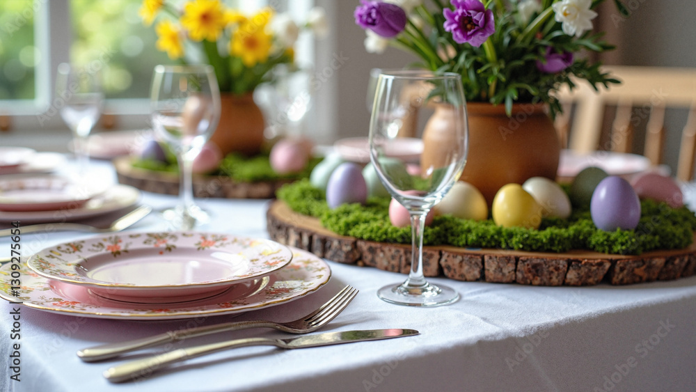 Elegant Easter Table Setting with Pastel Dinnerware and Spring Flowers - Perfect for Holiday Entertaining Promotions and Seasonal Decor Inspiration Elegant Easter Table Setting with Pastel Dinnerware and Spring Flowers - Perfect for Holiday Entertaining Promotions and Seasonal Decor Inspiration