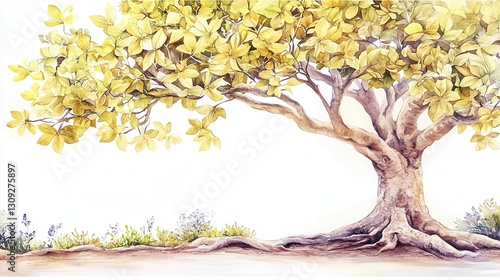 Vibrant autumnal tree with intricate leaf details captured in a highly detailed and textured watercolor painting showcasing the beauty of nature s seasonal change and the expression of the medium