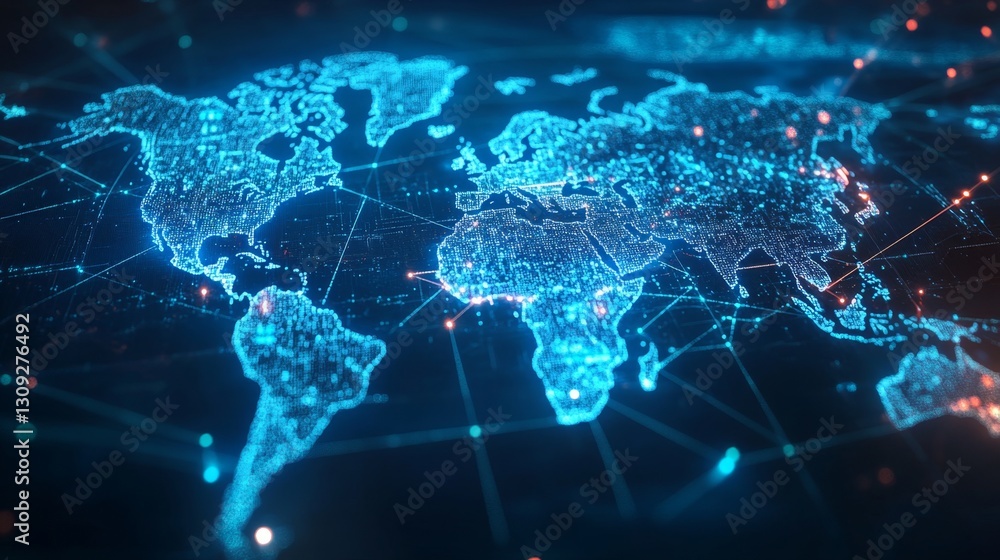 Fototapeta premium A modern digital world map showing interconnected business networks across continents, with a sleek, futuristic design, captured in striking visuals on slide film.