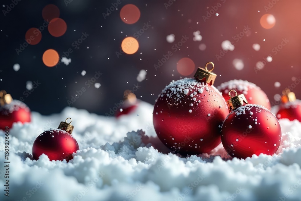 Snowflakes fall on red Christmas balls in a soft blanket of powder, gentle, snowy, ornaments Snowflakes fall on red Christmas balls in a soft blanket of powder, gentle, snowy, ornaments