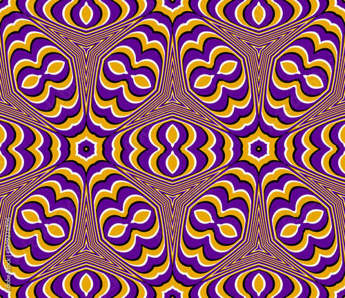 Hypnotic seamless pattern with curved lines creating an optical illusion of motion. Inspired by op art and geometric abstraction. Ideal for textiles, wallpapers, and digital backgrounds.