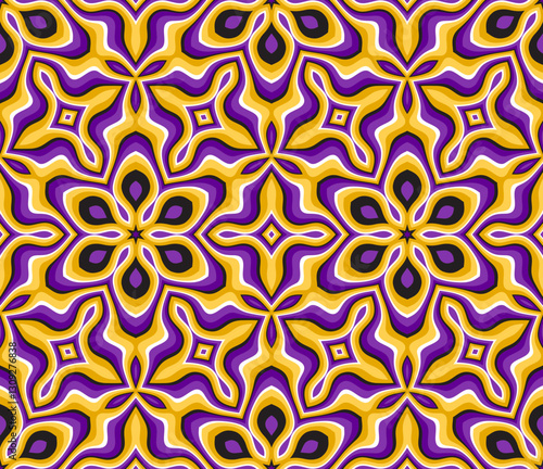 A fluid seamless pattern with organic, wavy shapes forming a kaleidoscopic illusion. Inspired by op art and psychedelic aesthetics. Perfect for packaging, fashion, and backgrounds.
