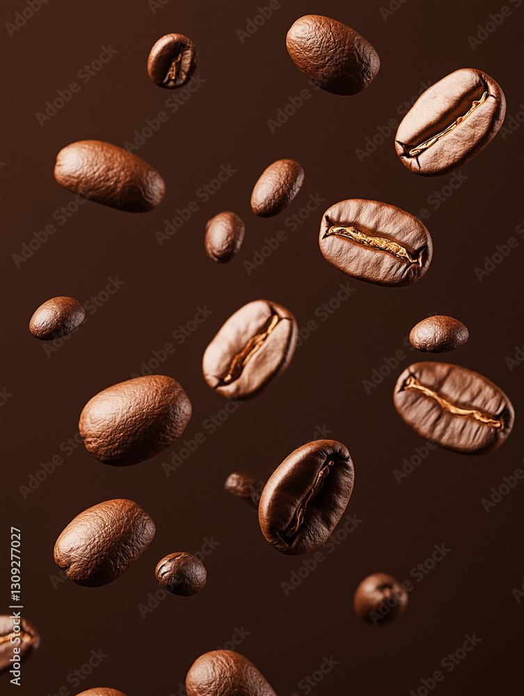 Aromatic Descent: Roasted coffee beans cascade in mid-air against a deep brown background, capturing their rich texture and inviting aroma in a visually captivating composition. Aromatic Descent: Roasted coffee beans cascade in mid-air against a deep brown background, capturing their rich texture and inviting aroma in a visually captivating composition.