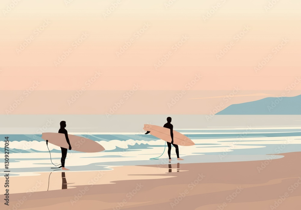 Fototapeta premium Two surfers preparing to catch waves at a serene beach during sunset
