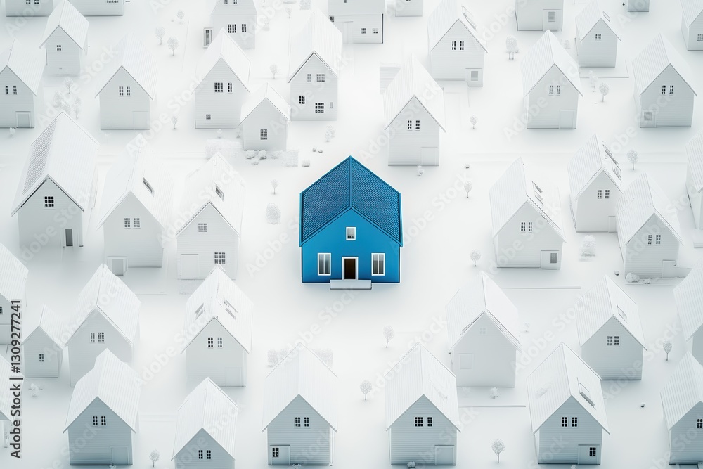 Isolated blue house surrounded by white houses in a snowy landscape Isolated blue house surrounded by white houses in a snowy landscape