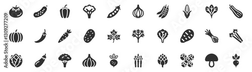 Vegetables icon set. Vector glyph pictograms of tomato, carrot, pepper, onion, zucchini broccoli, eggplant, artichoke, pumpkin black food nutrition illustration.