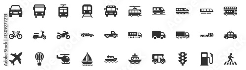 Transportation, vehicle icon set. Vector glyph pictograms of travel, logistics, public transit concepts, car, train, bus, bicycle, boat, and airplane black silhouette illustration.