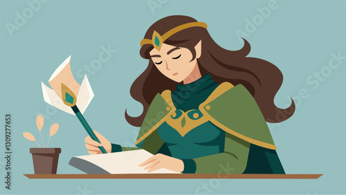 I am transformed into a warrior princess as I pen my journal entries written in Elvish script detailing my adventures at a medieval fantasy. Vector illustration