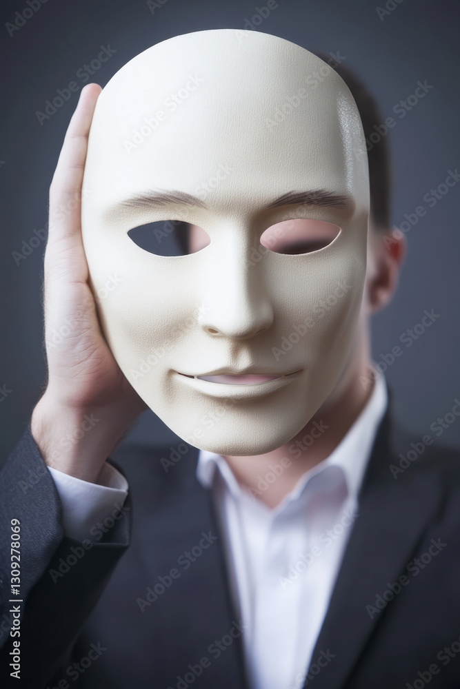 Business Person Holding Mask Symbolizing Identity Concealment and Mystery Business Person Holding Mask Symbolizing Identity Concealment and Mystery