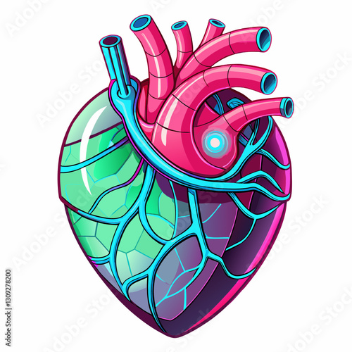 Highly detailed render of a futuristic cybernetic heart implant, pulsating with vibrant neon red light. Show intricate metallic details and internal circuitry.