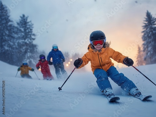 Family enjoying a winter ski adventure as they glide through fresh snow under a mystical twilight sky. Generative AI