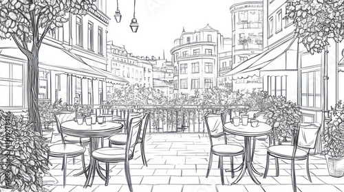 European cafe sketch, outdoor seating, city background, architectural drawing, printable art