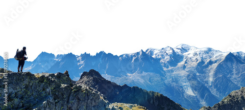 hiker admiring the mountain landscape in the alps - mont blanc - without sky