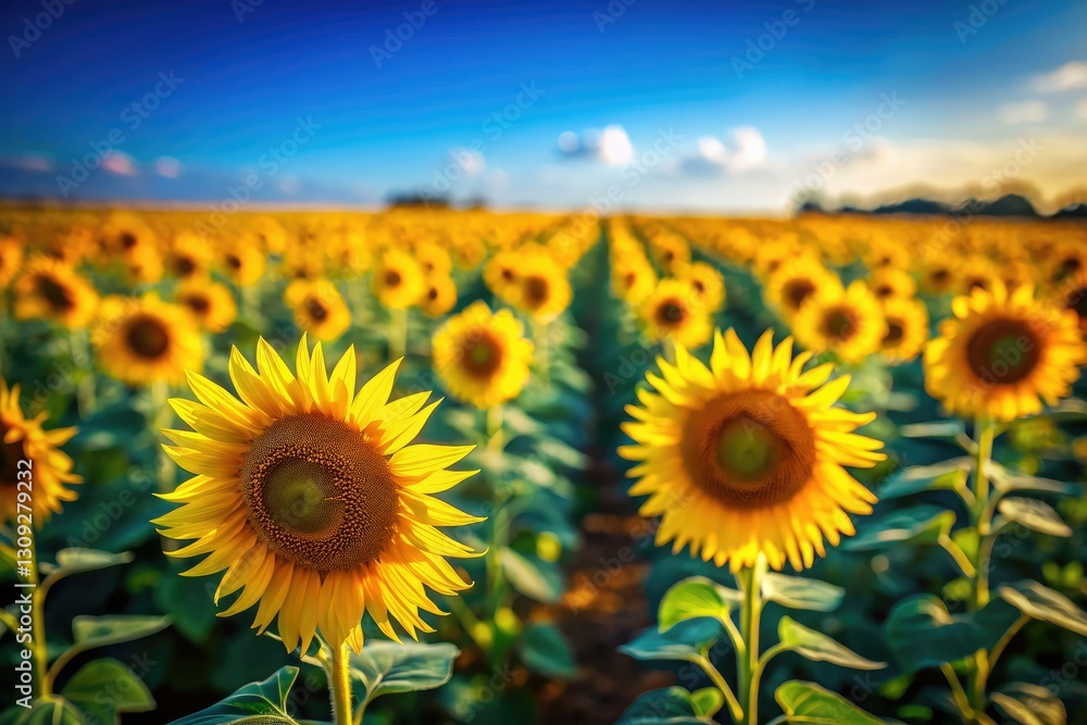 Obraz premium Tilt-shift photography captures blooming sunflowers as tiny wonders under a brilliant blue sky. High resolution.