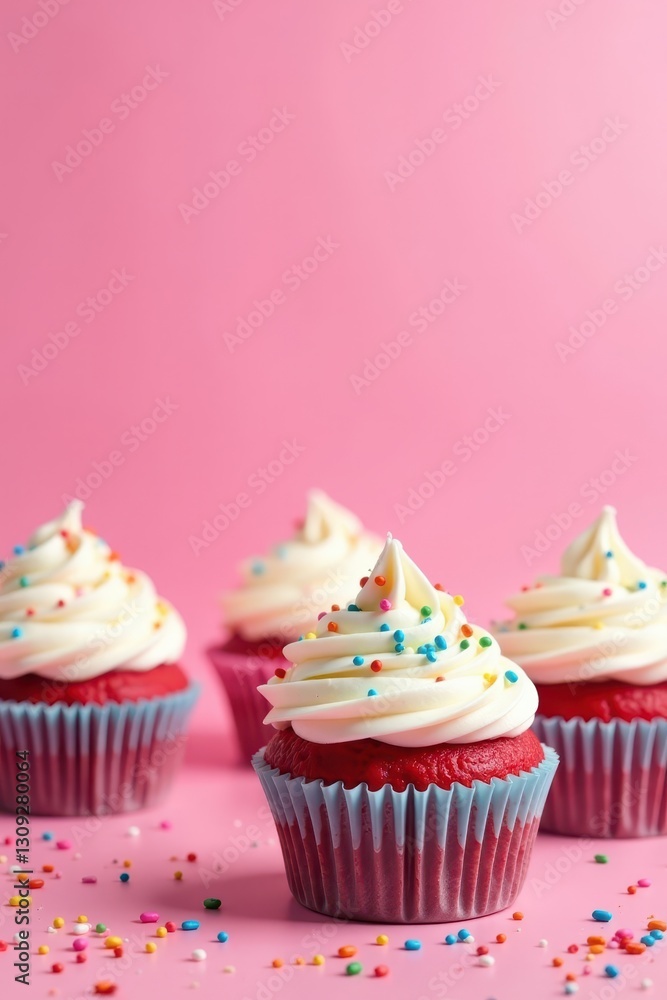 Pink background, frosted cupcakes, rainbow sprinkles, sugar, bakery Pink background, frosted cupcakes, rainbow sprinkles, sugar, bakery