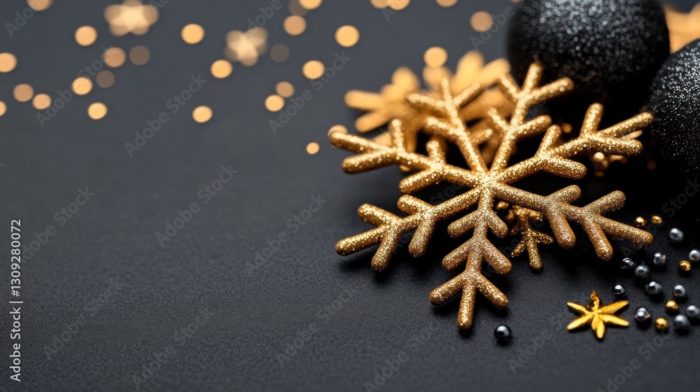 A snowflake with gold and black decorations sits on a black background. The snowflake is surrounded by a star and a ball. Concept of warmth and festivity, as the snowflake A snowflake with gold and black decorations sits on a black background. The snowflake is surrounded by a star and a ball. Concept of warmth and festivity, as the snowflake