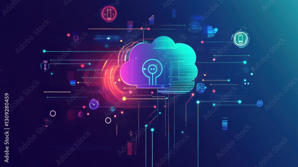 Fototapeta premium vibrant digital illustration of cloud computing with AI integration, showcasing futuristic technology and data flow. image features colorful cloud icons and abstract lines representing