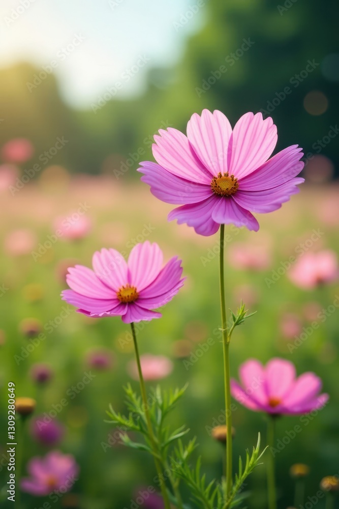 Pink cosmos flowers sway gently in a summer field , earth, botany, plant Pink cosmos flowers sway gently in a summer field , earth, botany, plant
