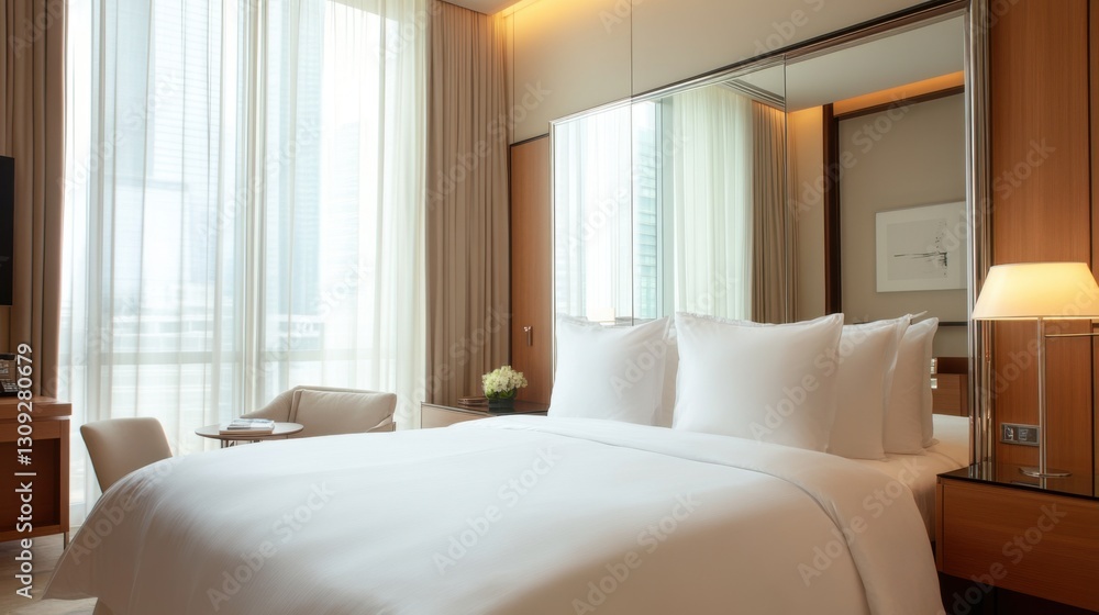 Fototapeta premium Modern hotel room with large bed, city view, and minimalist decor.