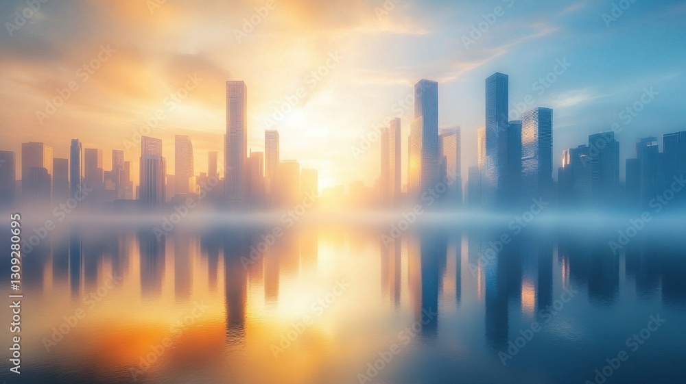 Fototapeta premium Modern cityscape with reflective waterfront at sunrise for urban design inspiration. 3D urban landscape
